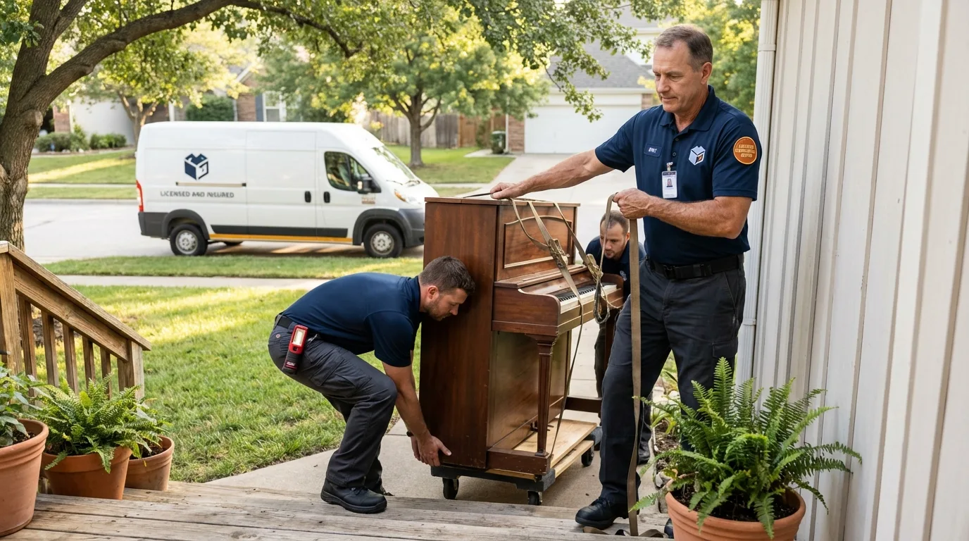 Licensed piano movers securing grand piano in Mesa, AZ