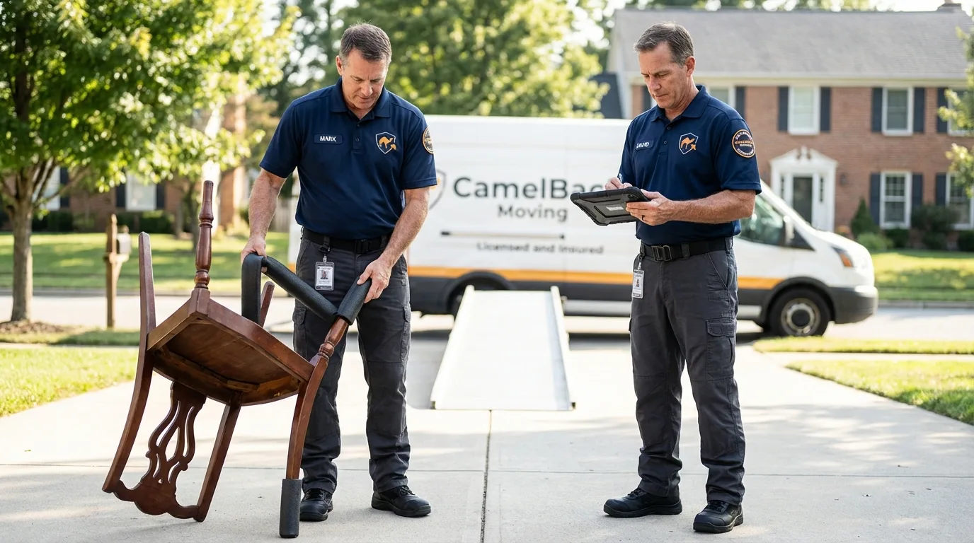 Movers inspecting furniture for damage prevention before loading in Mesa, AZ